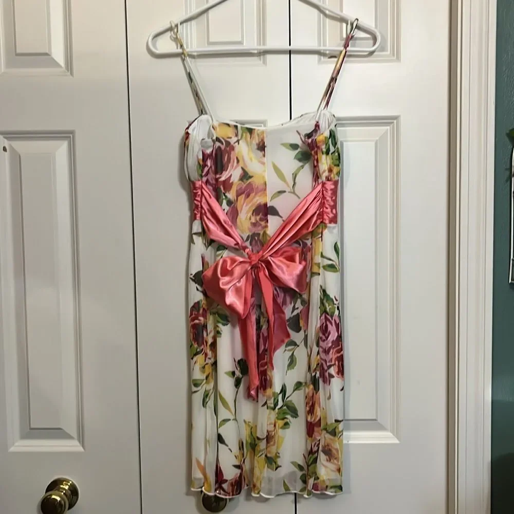 Floral Dress with Coral Sash Spaghetti Strap Spring Whimsy Fairy Formal Women S